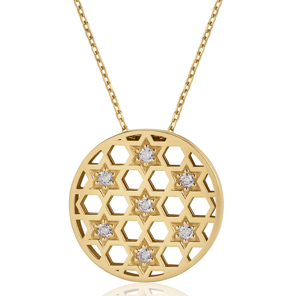 14k gold Large circle stars Honeycomb necklace