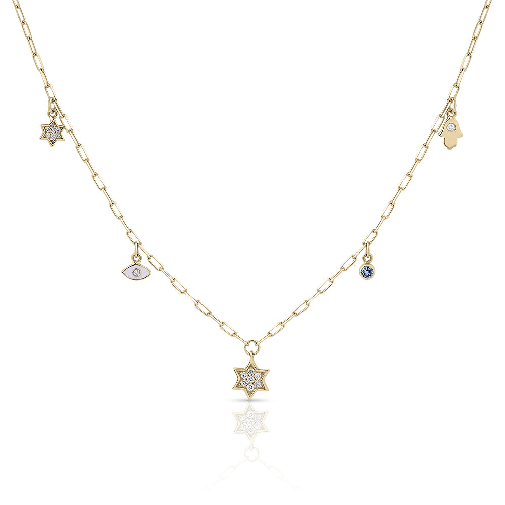 14k gold Dangling Multi Charm full star paperclip necklace