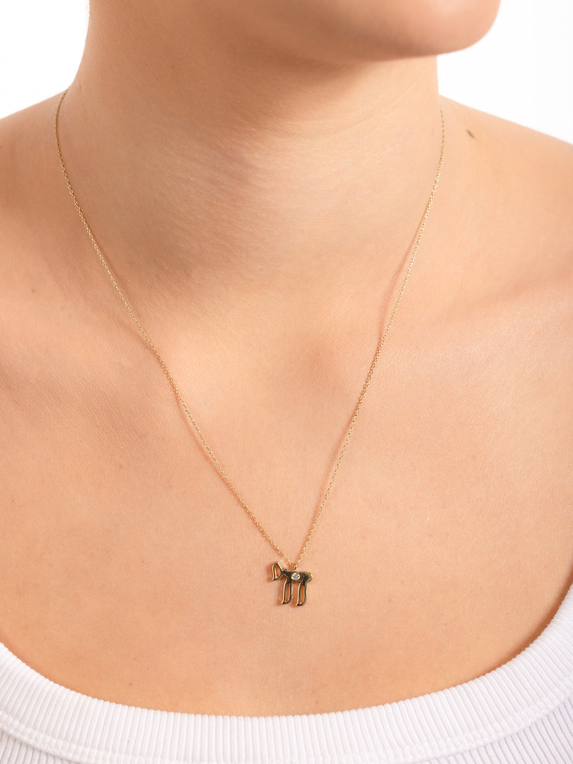 14k gold large single diamod Hai necklace