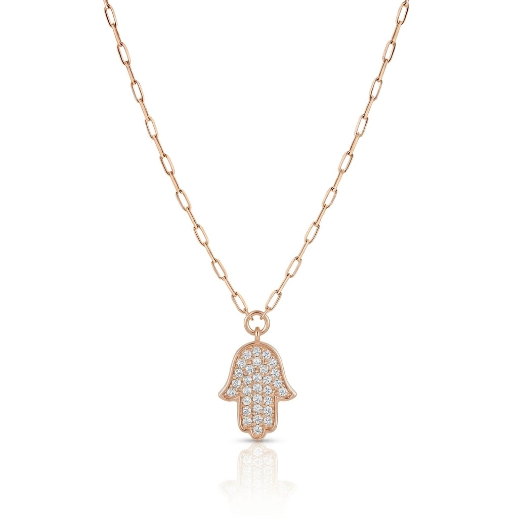 14K Gold large classic Hamsa Necklace diamonds paperclip