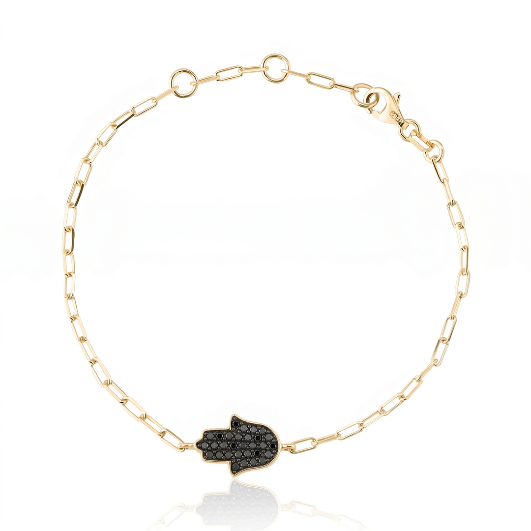 14K gold Large hamsa bracelet Black diamonds paperclip