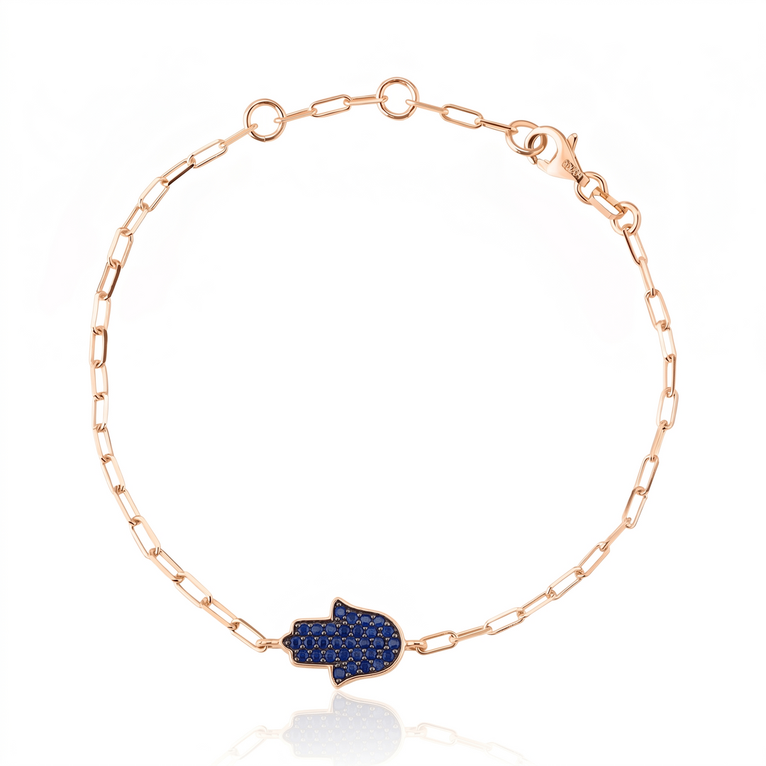 14K gold Large hamsa bracelet Blue sapphire paperclip